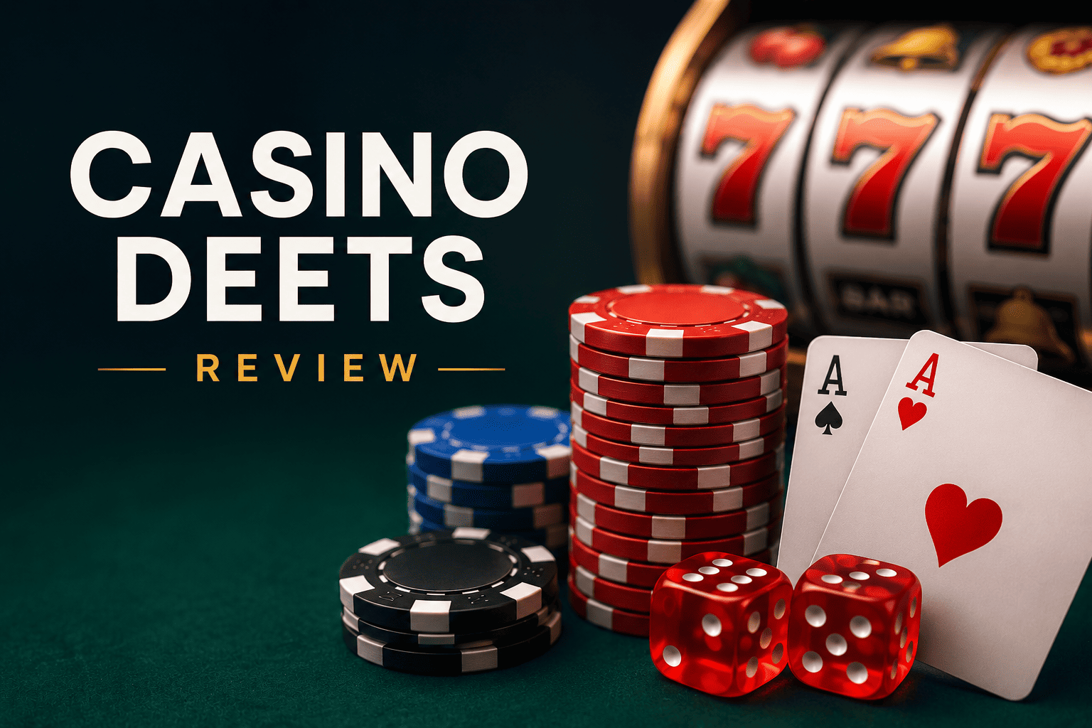 Casino Deets review featured image showing casino chips, playing cards, dice, and slot machine for online casino platform analysis