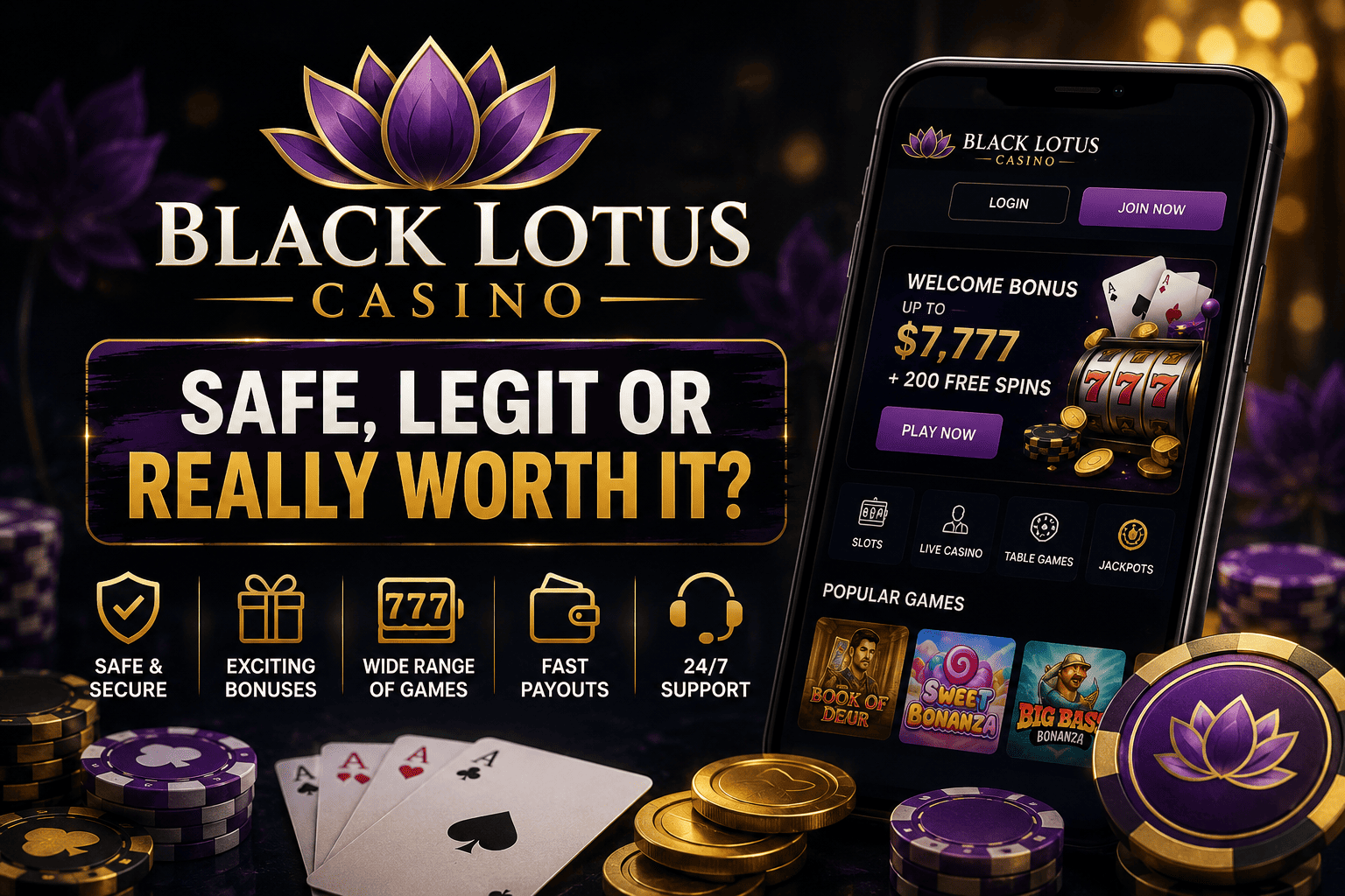 Black Lotus Casino banner showing casino bonuses, slot games, fast payouts, mobile gaming, secure payments, and player rewards.