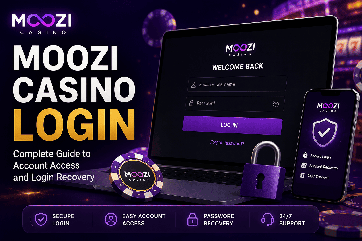 Moozi Casino Login guide showing secure account access, password recovery options, mobile login, and account security features.