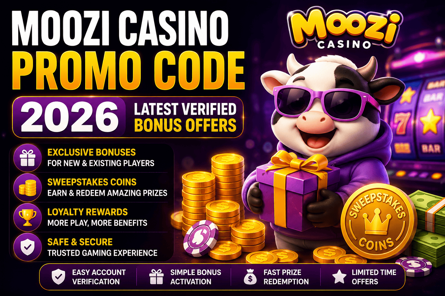 Moozi Casino Promo Code 2026 featuring latest bonus offers, sweepstakes coins, loyalty rewards, and prize redemption benefits