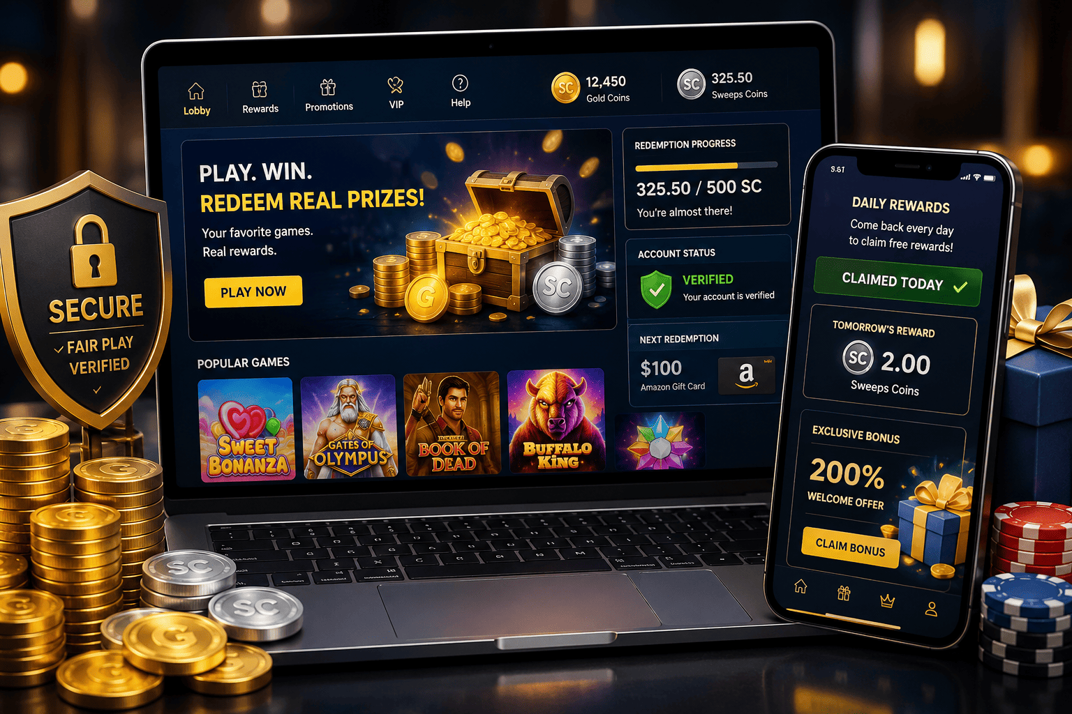 Moozi Casino review showing rewards, games, Gold Coins, Sweeps Coins, prize redemption system, and secure sweepstakes gaming platform