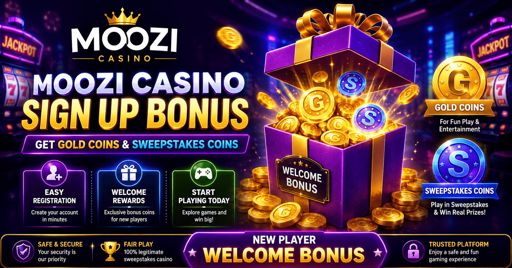 Moozi Casino sign up bonus for new players showing welcome bonus, Gold Coins, Sweepstakes Coins, casino rewards, and registration incentives.