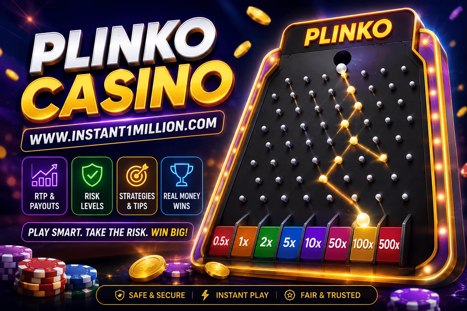 Plinko Casino www.instant1million.com feature image showing RTP, payout multipliers, risk levels, and real money winning opportunities